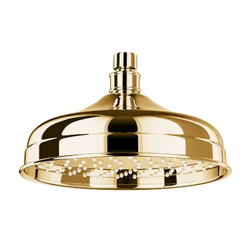 Kopfbrause in goldfarbenem Design von Kludi mit rundem, flachem Kopf und mehreren Wasserstrahlöffnungen auf der Unterseite.